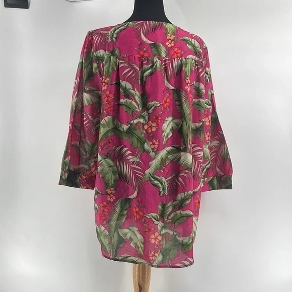 Tommy Bahama silk blend Blouse Top Pink Green Tropical Floral Vacation sz lg - Picture 10 of 11